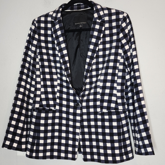 Banana Republic Black White Gingham Checkered Blazer Womens Size 8 - Picture 1 of 16